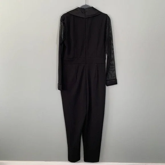 Eliza J Black Tuxedo Jumpsuit Sheer Mesh Long Sleeve Shawl Collar Womens 8 - Picture 7 of 11